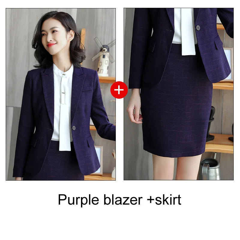 purple skirt suit Комплект из 2 предметов, элегантные фиолетовые строгие брюки в клетку, костюм, Офисная женская форма, дизайн для женщин, деловой костюм в деловом стиле - Цвет: purple skirt suit