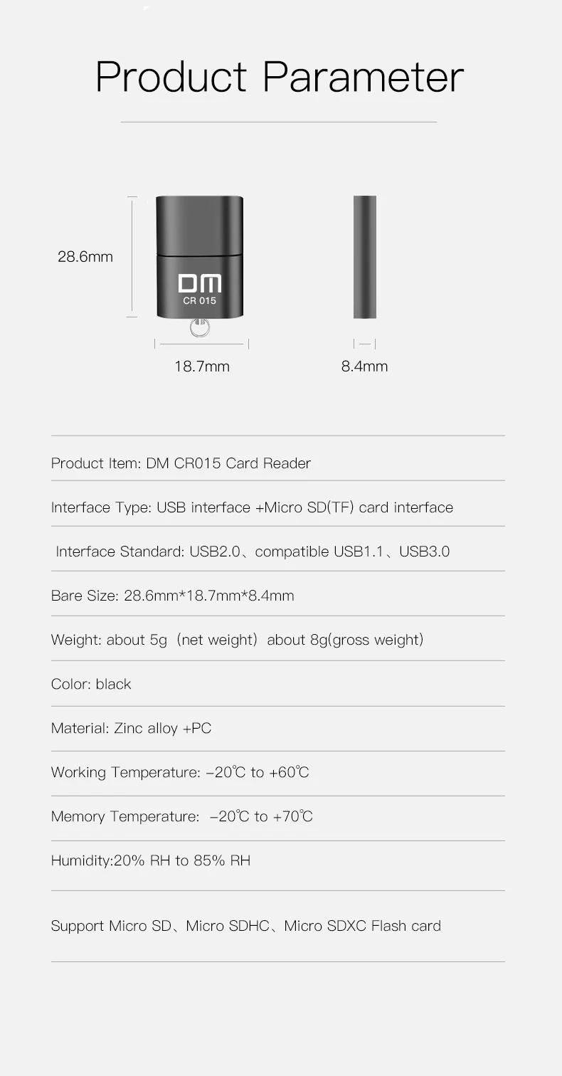 DM CR015 MicroSD кард-ридер с TF слотом для карты стать USB флэш-накопитель для компьютера или для автомобильного адаптера