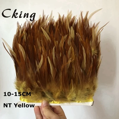NT yellow 10 метров белый Куриный перо планки 10-15 см 4-6 дюймов DIY седло для петуха перо отделка бахромой пришит на атласной лентой ремесла - Цвет: NT yellow