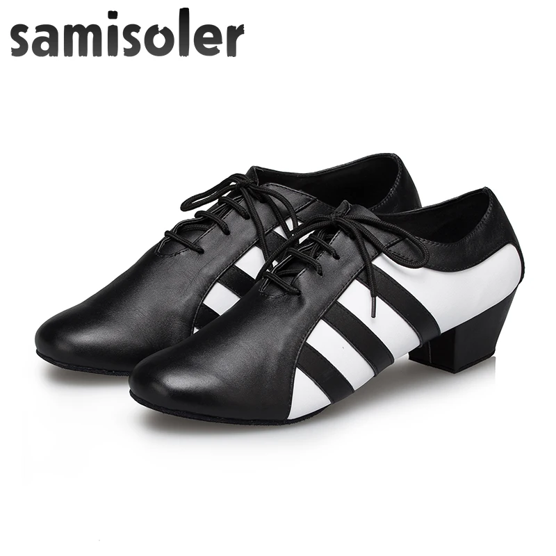 Samisoler Black White Men's Black leather ballroom dance shoes Flats Modern dance shoes Tango Party Wedding Square dance shoes