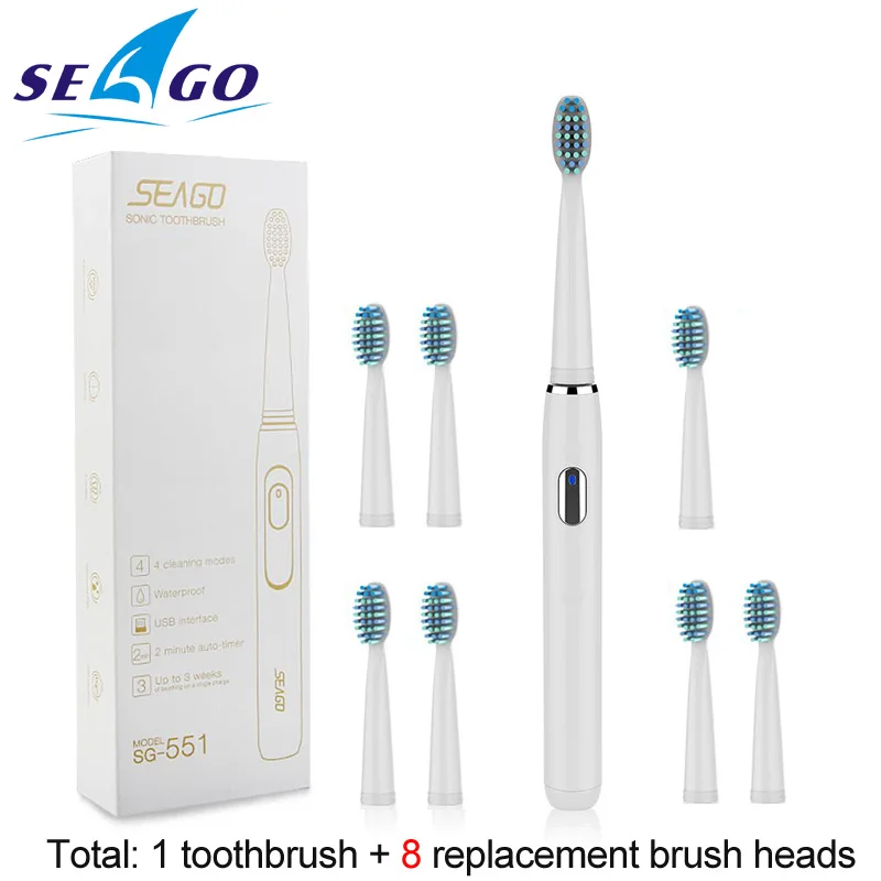 white Seago Sonic перезаряжаемая электрическая зубная щетка с 3 сменными головками, таймер на 2 минуты и 4 режима чистки, водонепроницаемая, SG551 - Цвет: white