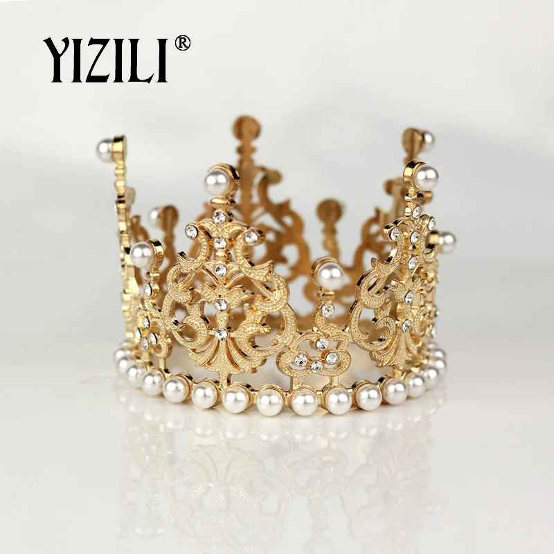 gold plated YIZILI, новинка, для девочек, маленький размер, жемчужная тиара, Хрустальный цветок, корона, тиары, вечерние мини-тиара, свадебные аксессуары для волос, ювелирные изделия C052 - Окраска металла: gold plated