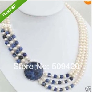 ~~ Бесплатный Shipping3 ряда природный 7 - 8 мм белый выращивание перл и лазурит круглый