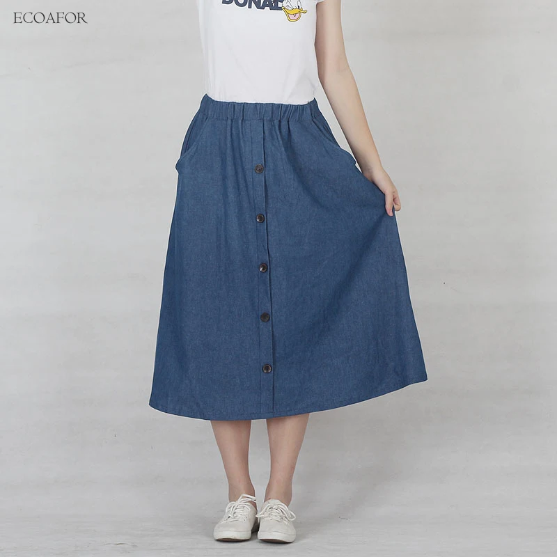 

Синяя джинсовая хлопковая юбка с пуговицами для женщин, брендовая дизайнерская повседневная юбка-трапеция до середины икры с карманами и п...