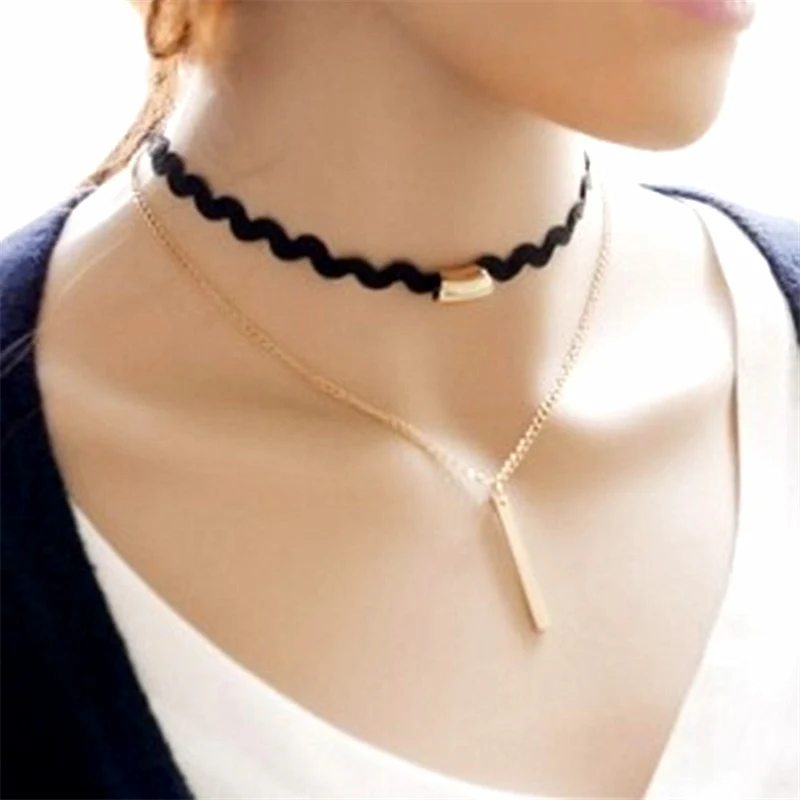 Hot Sale Fashion Metal Gold Color Rod Pendant Necklace and Black Wavy Ribbon Double Layer Choker for Women Girls Jewelry Bijoux | Украшения