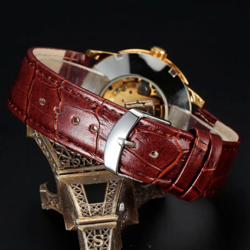 SEWOR механические золотые часы мужские брендовые с кожаным ремешком роскошные