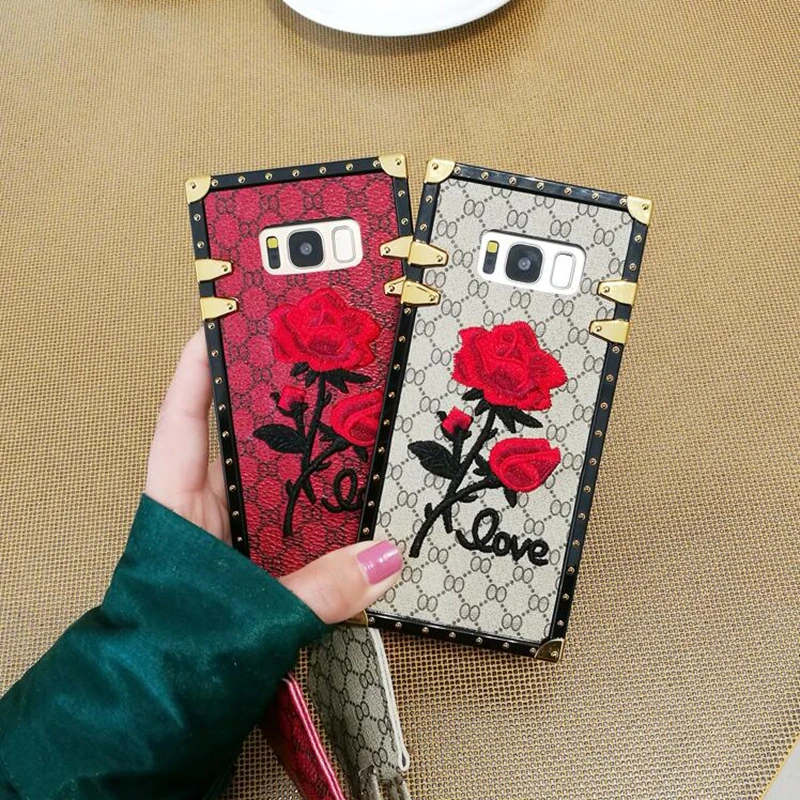 Luxury Embroidery 3D Rose Flower Phone Case For Samsung Galaxy S9 S8 Plus Note 9 Plating border Metal Rivet Square Back Cover |