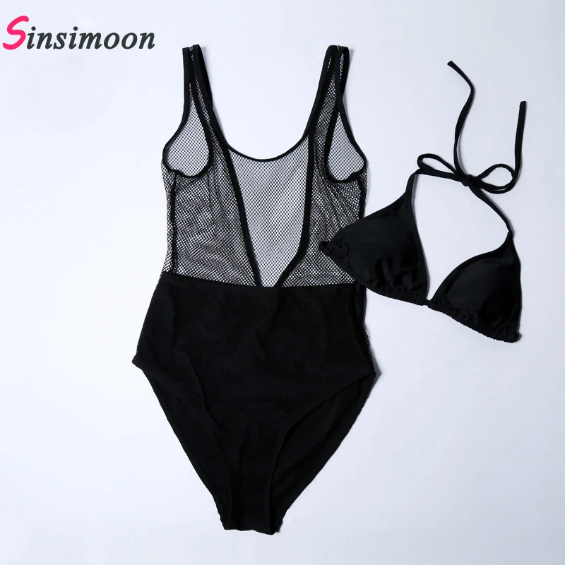 Сетчатые кружевные слитные купальники черный купальник с открытой спиной