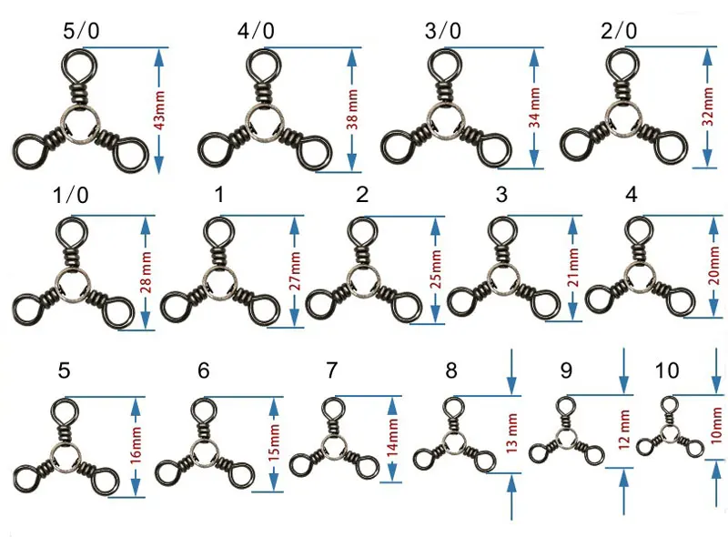 

[1000 pcs] Bulk Nickel Plated 3 Way Swivels Fishing Connector Fishing Tackle Accessory Size #10~#4/0