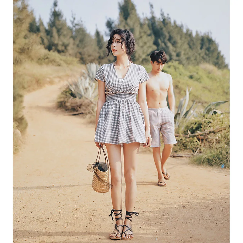 2019 New Sexy Plaid One Piece Swimsuit Deep V style Swimwear Women Dress Beachwear Bathing Suits Skirt | Спорт и развлечения