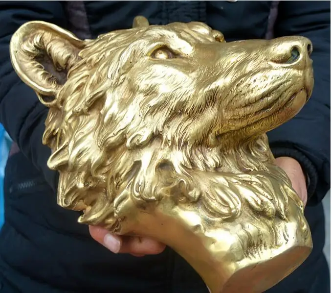 12 &quotкитайский антиквариат латунь литье голова Волка висящая настенная статуя |