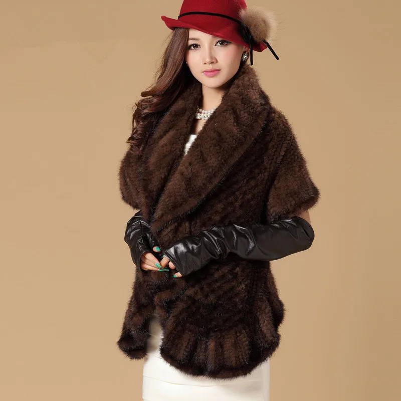 Роскошная зимняя женская шаль из натурального меха норки с оборками на подоле