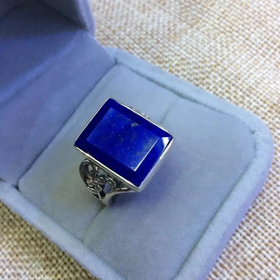 

Silver Ornaments In The S925 Sterling Silver Inlaid Natural Afghan Lapis Lazuli Flower Square Open Ended Ring