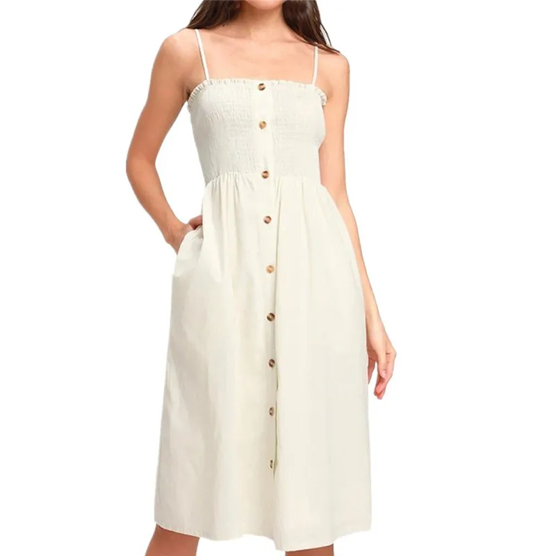 Модное летнее платье на пуговицах с карманом талии для женщин открытыми плечами