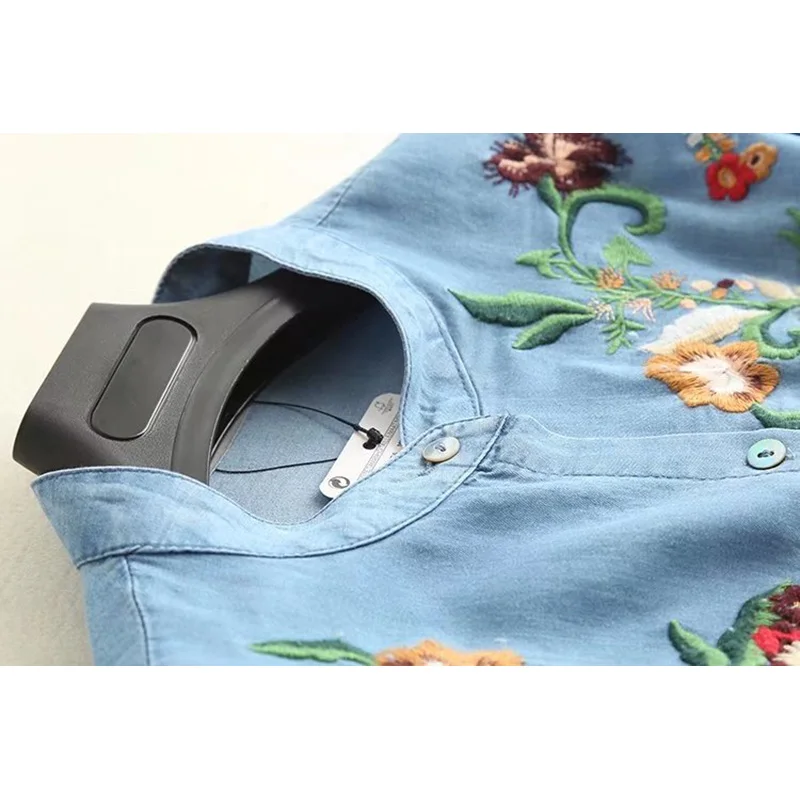 

2019 Women Thin Denim Loose Embroidery Dress Long Sleeve Flower Long Blouse Stand Color Split Vintage One Size