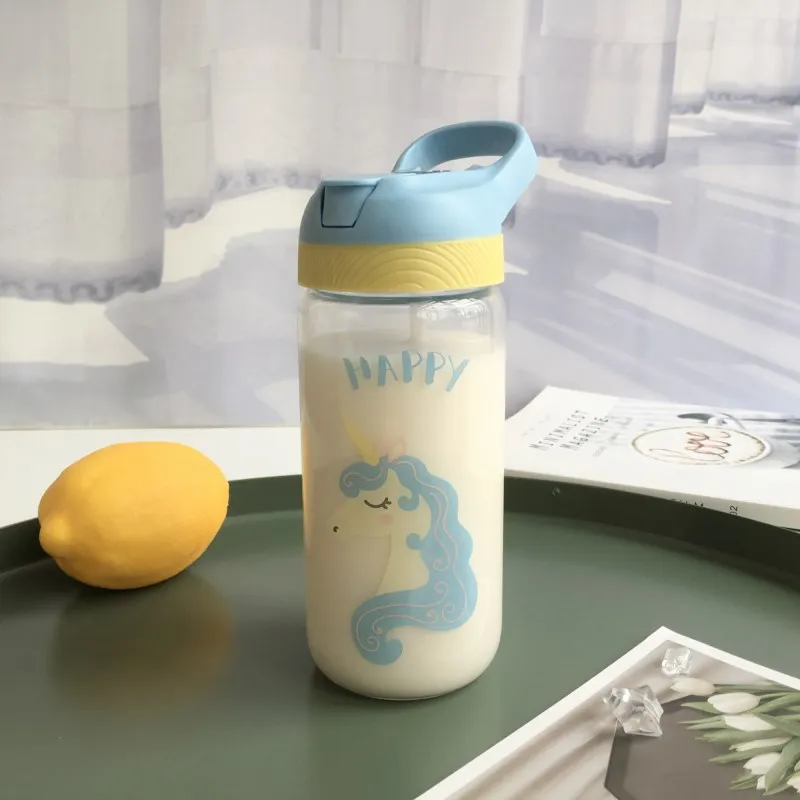 Синий Стеклянная бутылка для воды в виде единорога с соломинкой и ручкой для переноски, герметичная крышка для девочек, для путешествий, для чая, без бисфенола, розовый, 500 мл - Цвет: Синий