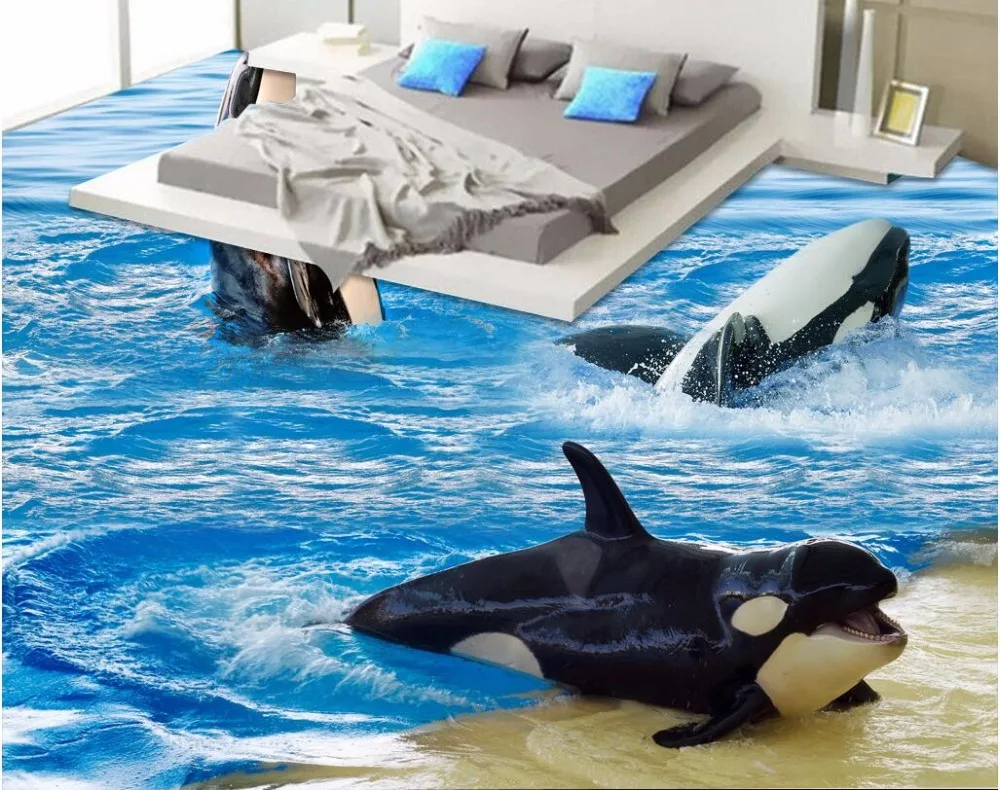 3d ПВХ напольное покрытие для фотографий на заказ самоклеющиеся волны дельфинов