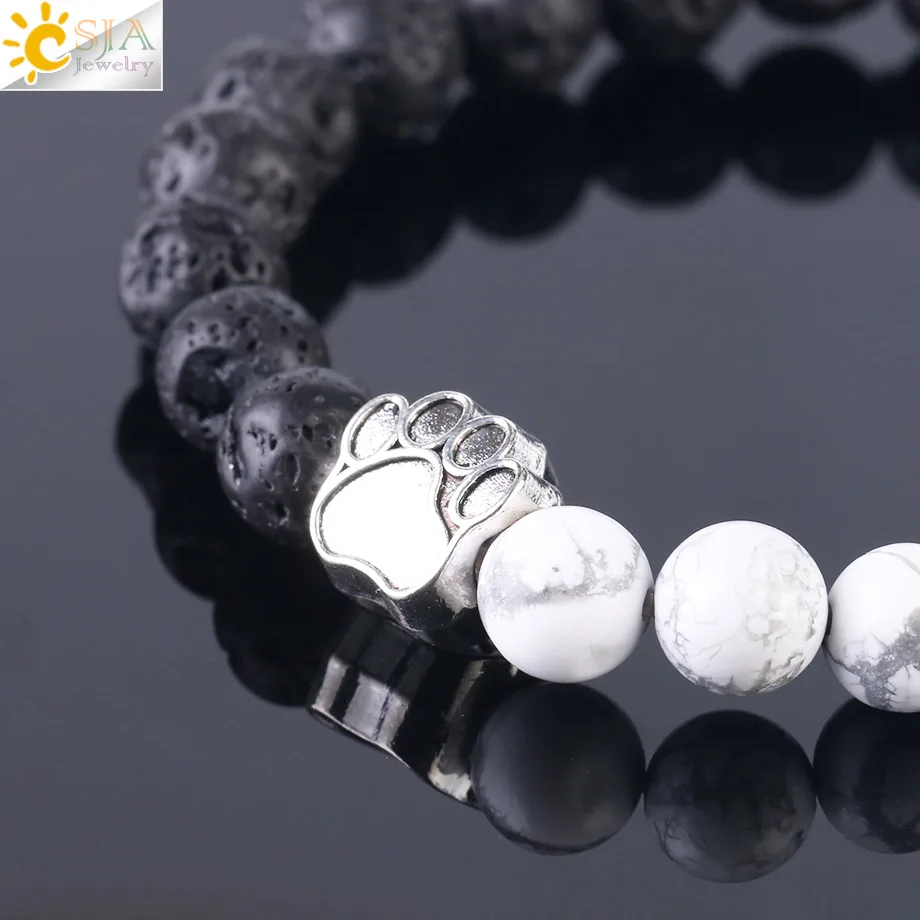 Csja Bear следы лап черный Лава и белый браслет с бусинами Footmark Howlite Balance Femme мужские влюбленные браслеты F448