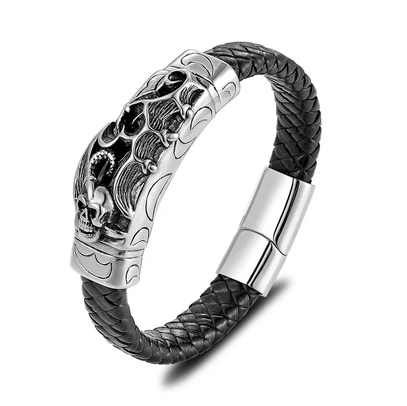 Silver pattern A Новинка, панк браслет из нержавеющей стали и натуральной кожи, мужской браслет с золотым львом, очаровательные браслеты, браслеты, роскошные ювелирные изделия, браслеты - Окраска металла: Silver pattern A