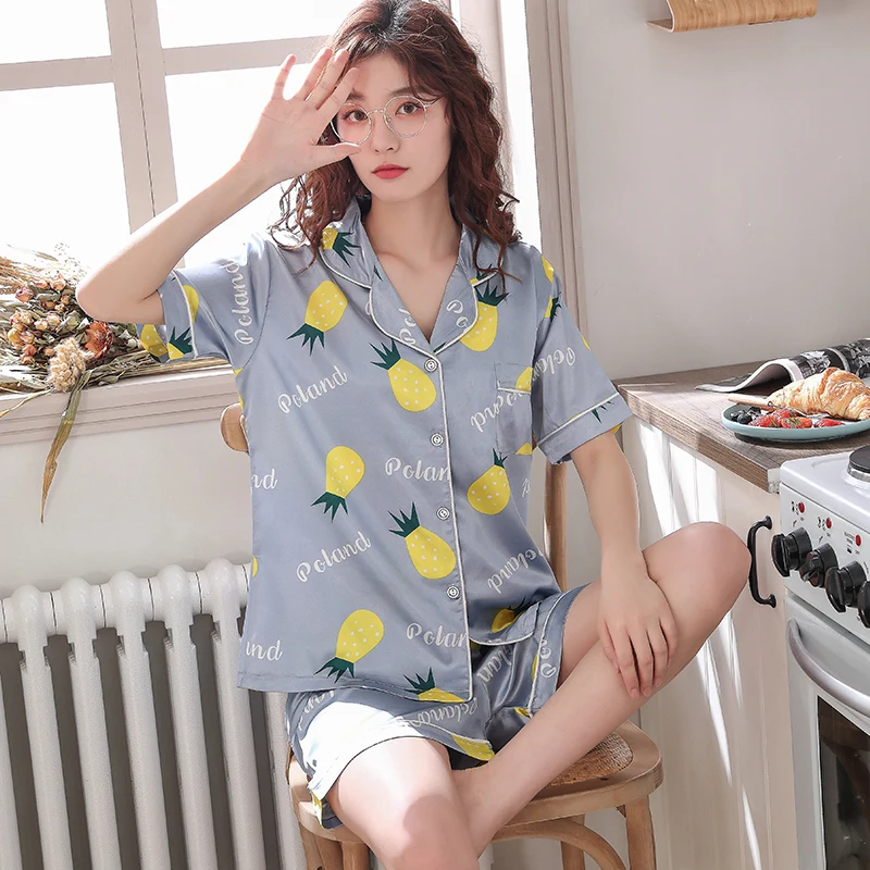 Sleep Lounge Button Pajama Set Sexy Satin Sleepwear Women Summer Pyjama Femme Fashion Fruit Pineapple Pajamas for | Женская одежда