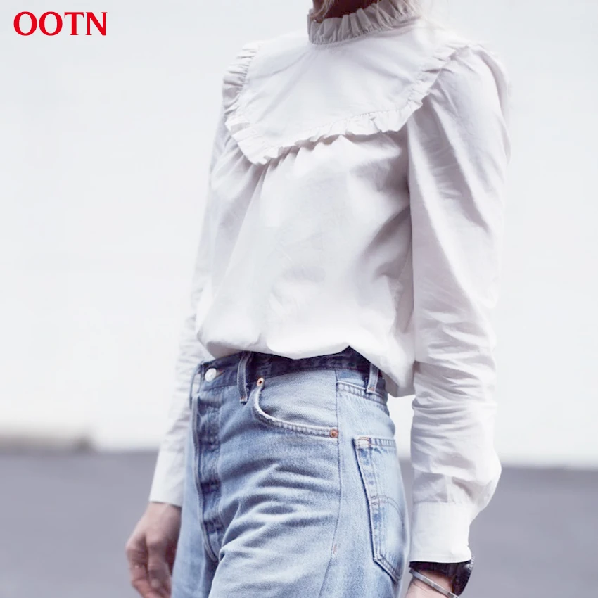 OOTN с длинным рукавом Женские топы и блузки белый туника оборками футболки