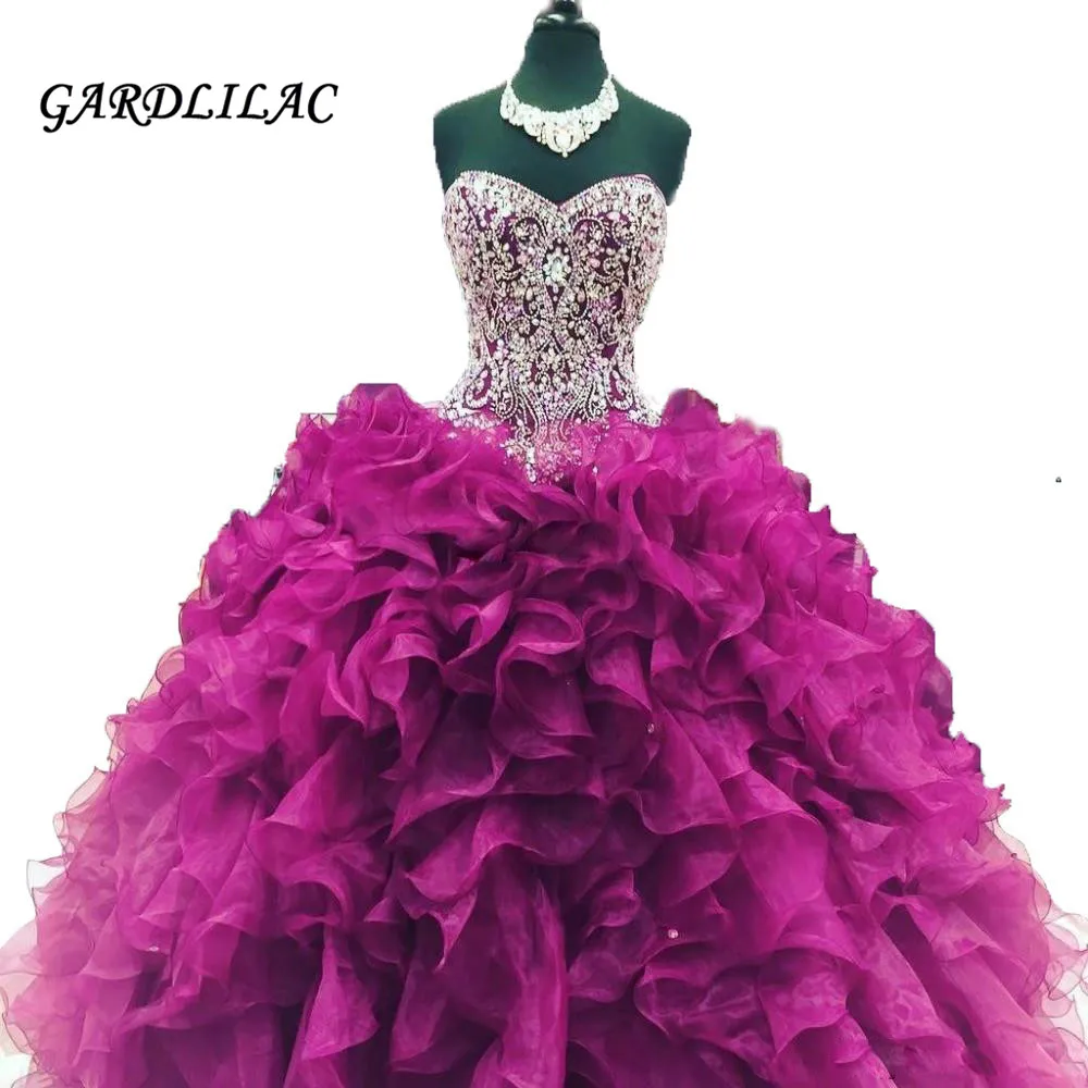 Новые дешевые хрустальные бусины бордовые платья Quinceanera Бал-маскарад платья оборками Сладкий 16 платье Vestidos De 15 Anos