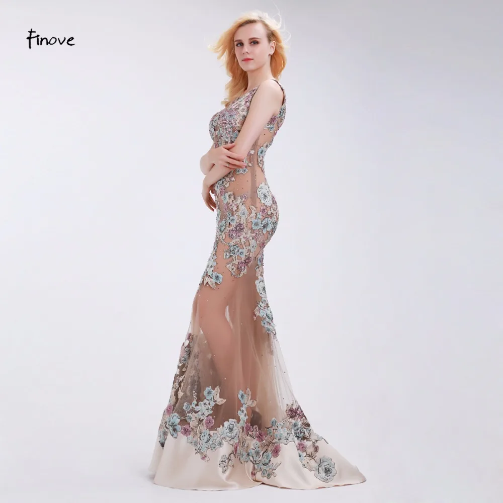 Finove Appliques Evening Dresses Sexy See-Through Tulle Elegant Mermaid Floor-Length 2020 New Champagne Sleeveless | Свадьбы и