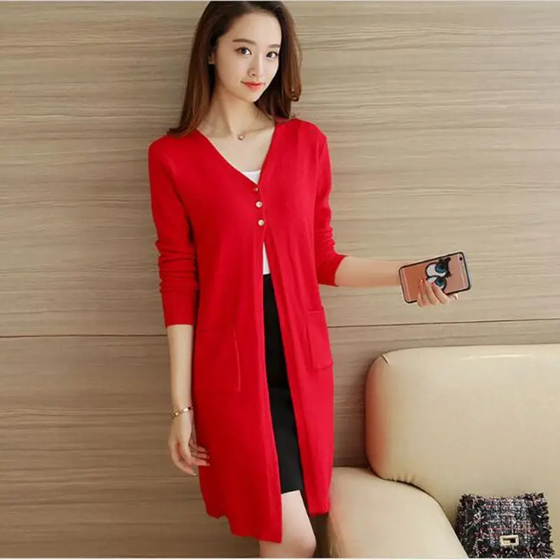 Long Cardigan Female Knitted Sweaters Cardigans Women Sleeve jersey Open Stitch Pockets jumper |