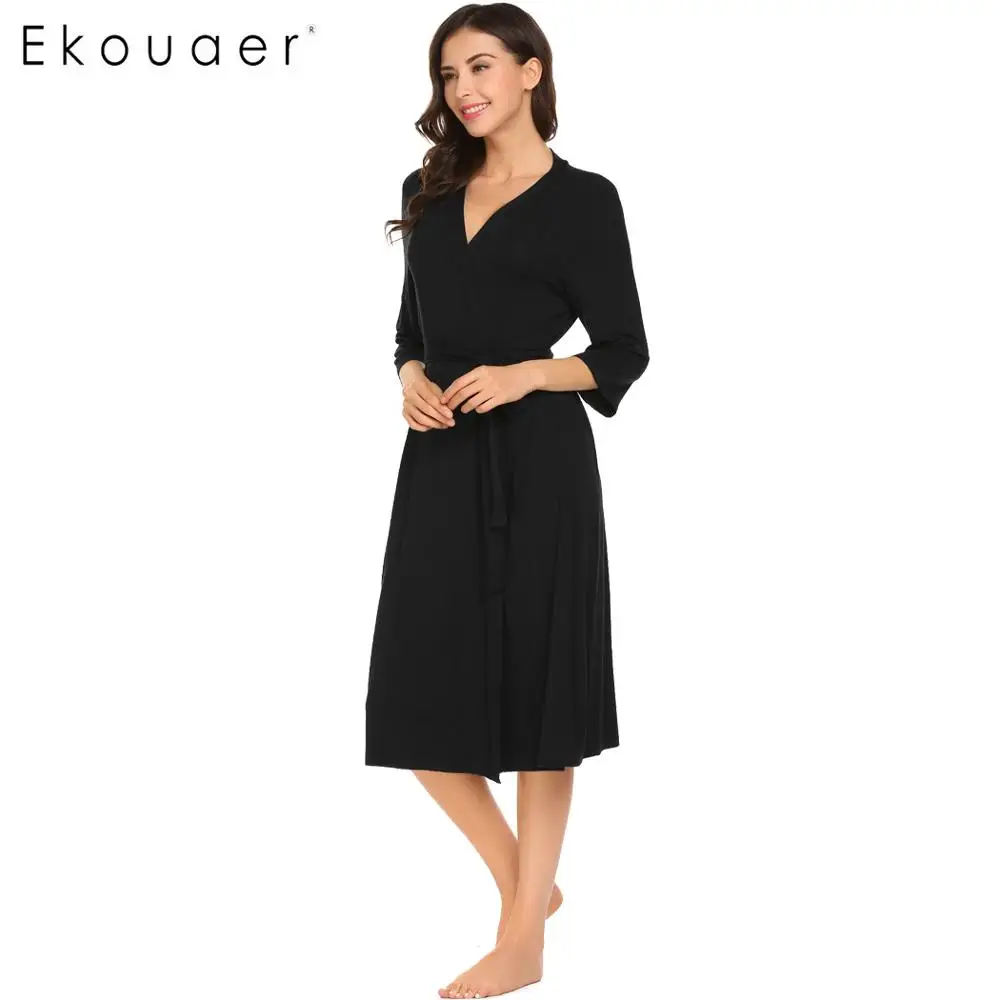 Ekouaer, длинный женский халат, 3/4 рукав, сплошной, свободный, v-образный вырез, с поясом, банный халат, ночной сексуальный халат, ночной рост, кимоно, халат, размер s-xl - Цвет: Black