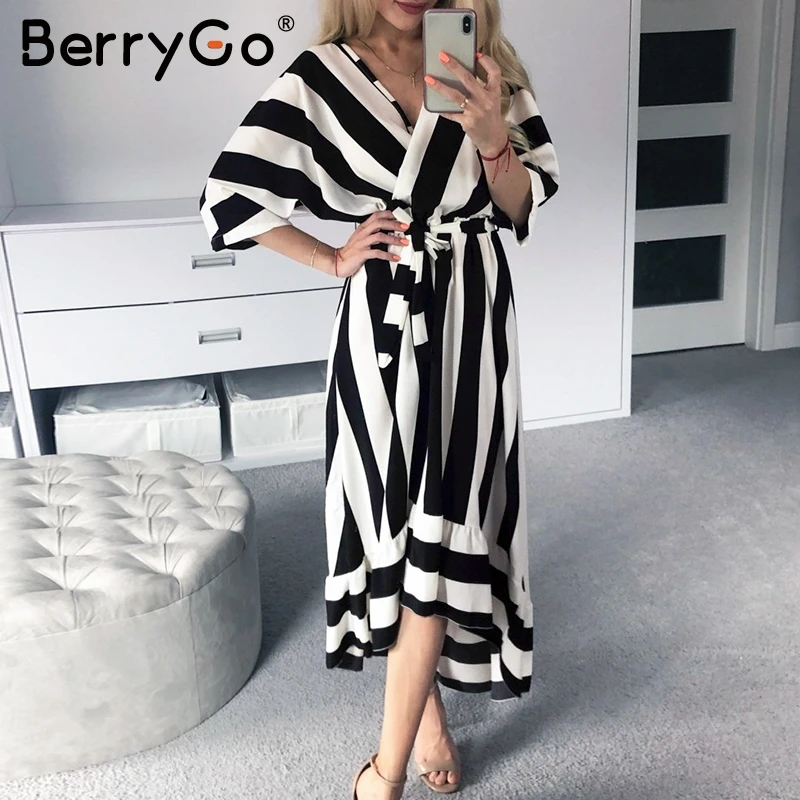 BerryGo элегантное женское длинное платье в полоску с коротким рукавом и рюшами
