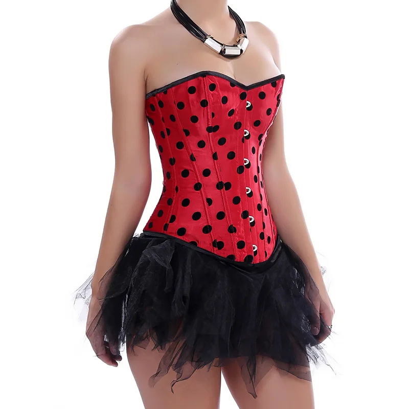 Красное/черное готическое платье в горошек соблазнительный корсет юбка-пачка