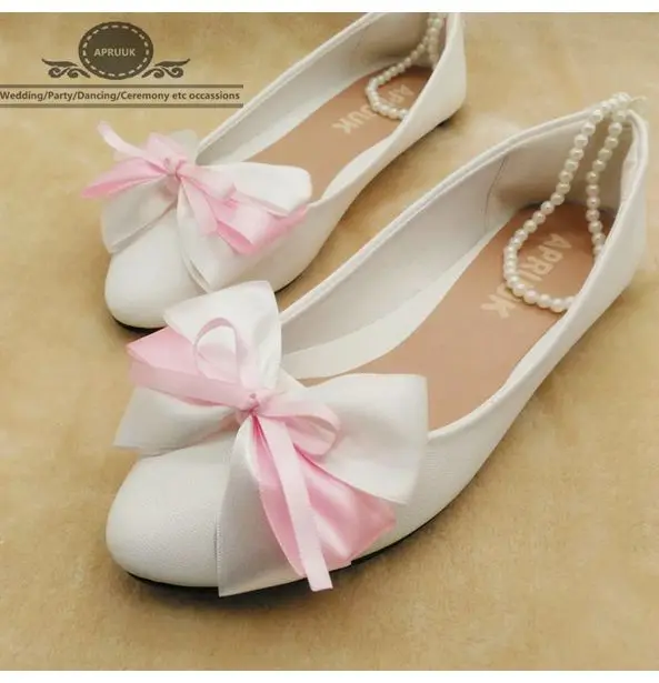 Туфли женские атласные с бантом свадебные туфли на плоской подошве ремешком