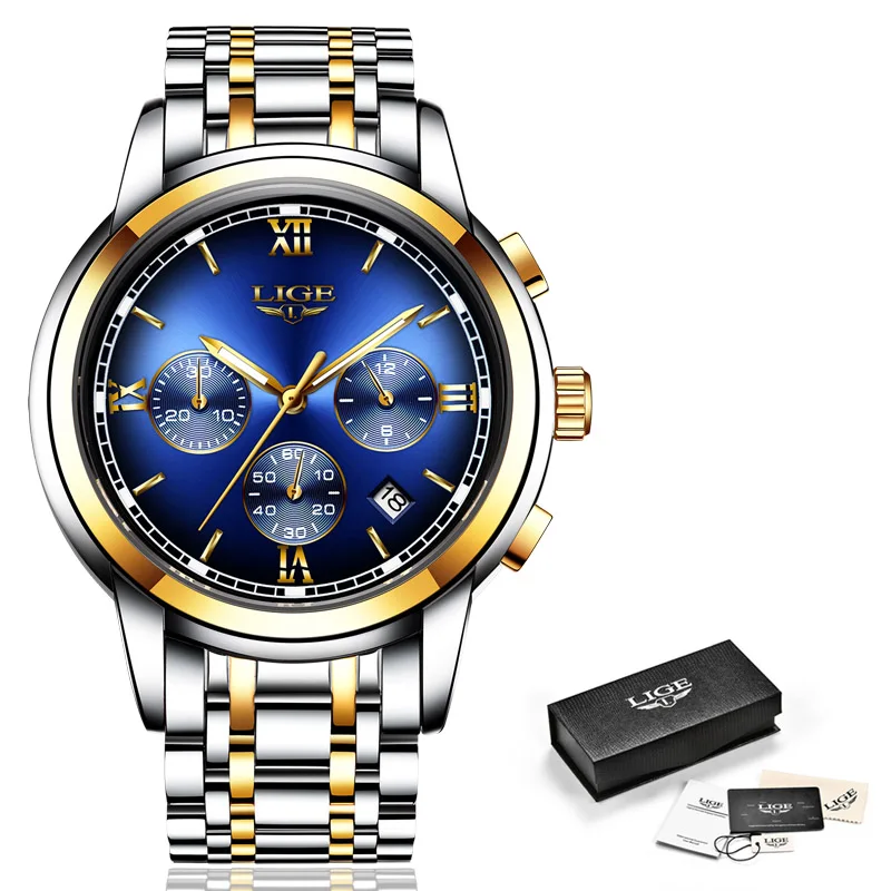 Montre Homme Часы мужские люксовый бренд LIGE Хронограф Мужские спортивные часы водонепроницаемые полностью Стальные кварцевые мужские часы Relogio Masculino - Цвет: Gold blue S