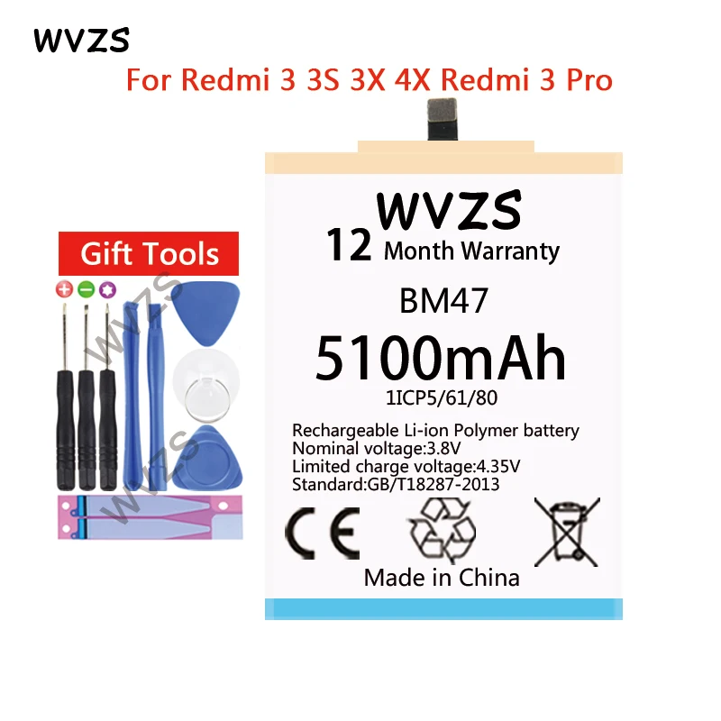 Wvzs 5100 мАч литий-полимерный сменный аккумулятор BM47 для Xiaomi Redmi 3 3S 3X 4X Redmi3 Pro батареи