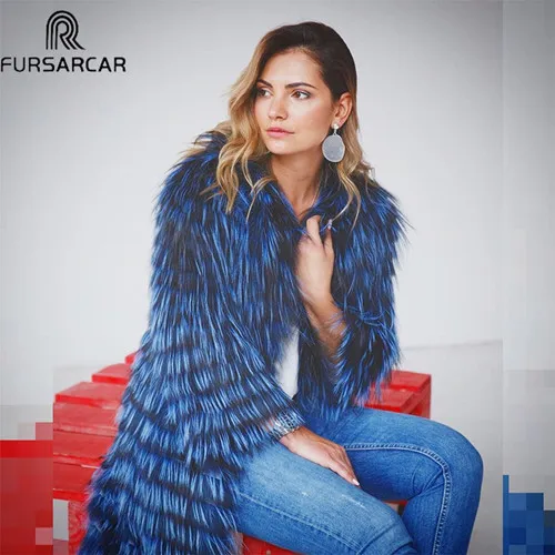 blue FURSARCAR зимняя женская шуба из натурального Лисьего меха Роскошная натуральная Шуба из меха серебристой лисы с меховым воротником и манжетами модный длинный натуральный мех - Цвет: blue