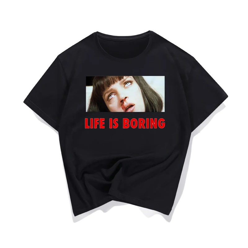 Пародия Харадзюку белая женская футболка летняя новинка футболка Femme Life is Boring буквенный принт Женская футболка размера плюс - Цвет: Черный