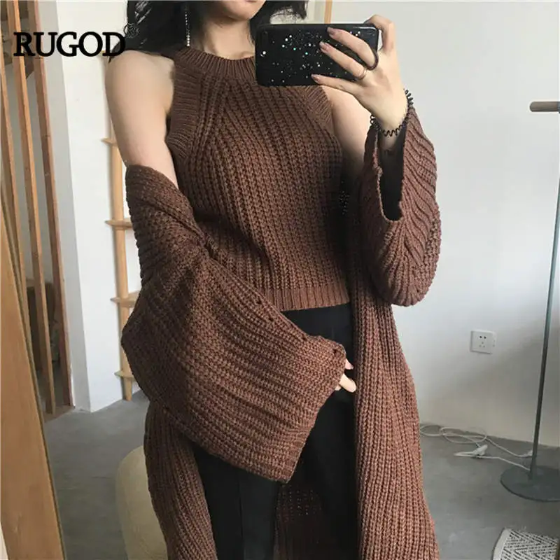 RUGOD корейский комплект из 2 предметов, короткий однотонный сексуальный жилет без рукавов и шикарный кардиган с расклешенными рукавами, свитер с открытой строчкой - Цвет: Коричневый