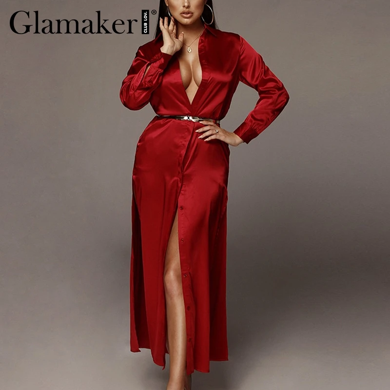 Glamaker Сексуальное Женское Платье-макси из сатина с высоким разрезом летнее