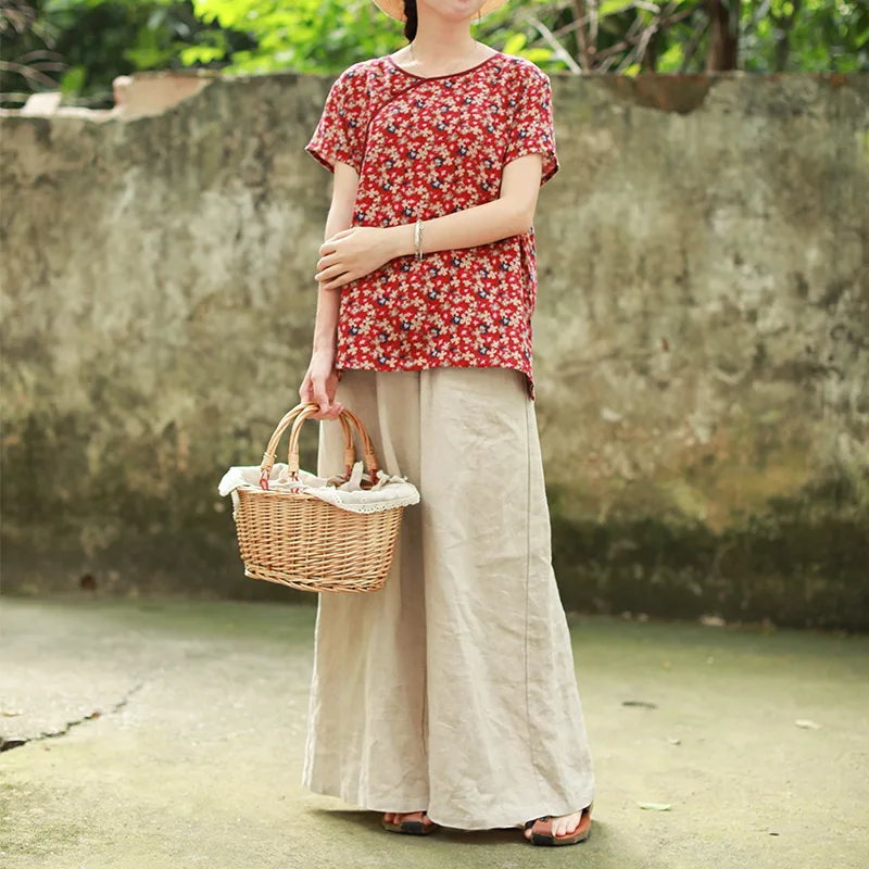 

Hisenky Drawstring Linen Pants Women Casual Wide-leg Trousers Women's Loose Leggings Spring Summer Long Trousers