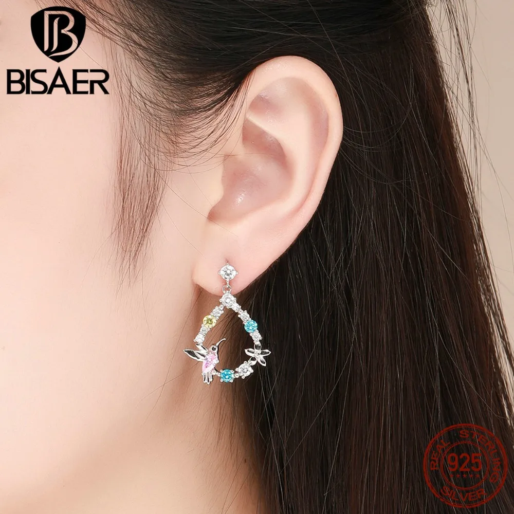 BISAER 925 пробы серебряные серьги-гвоздики с птицами Колибри, цветок, модные серьги, ювелирные изделия EFE011