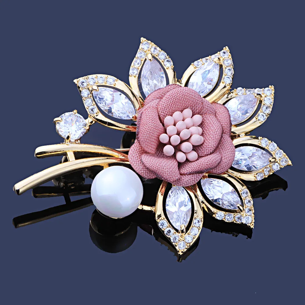 

FARLENA Jewelry Elegant Fabric Flower Brooch Pins Inlay with Cubic Zirconia Fashion Simulated Pearl Brooches for Women