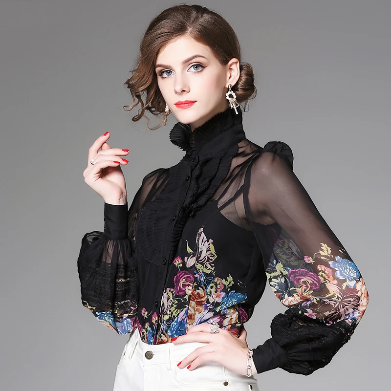 

European Style Floral Printed Chiffon Blouse 2018 New Pleated Ruffle Stand Collar See Through Long Lantern Sleeve Lady Shirt WYG