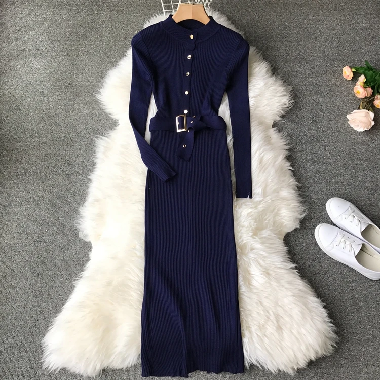 ALPHALMODA элегантные офисные платья вязаное платье Однобортный высокого пояса