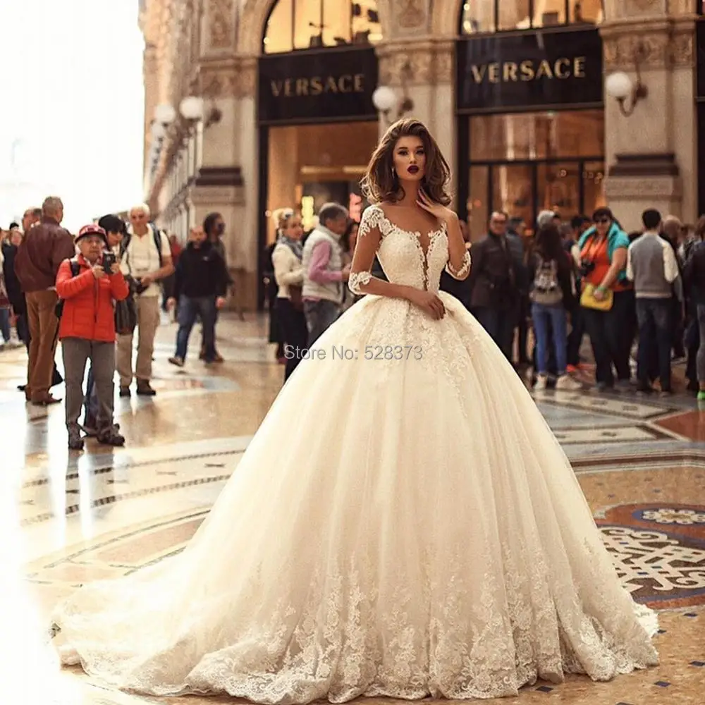 

YNQNFS IWD2 Vestido de Noiva Пышное Бальное Платье Свадебное платье с рукавом 3/4 платье принцессы для вечеринки свадьбы 2019