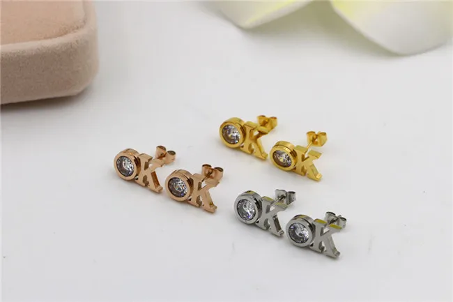 Martick Sport Style OK Letter Stud Earrings Sparkling Crystal For Woman Simple Europe Brand Jewelry E192 | Украшения и аксессуары