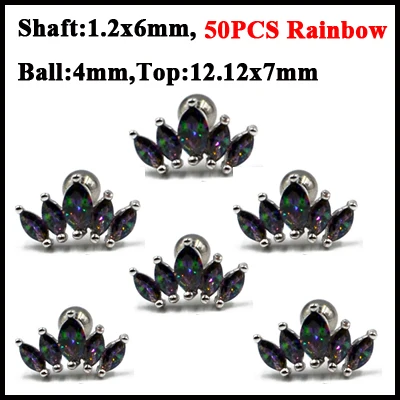 50PCS Rainbow 50 шт., стальные серьги Marquise, циркониевые, для пирсинга ушной хрящ, кристалл, цветок, раковины, серьги, штанга, пирсинг, Orelha, серьги, 16 г - Окраска металла: 50PCS Rainbow