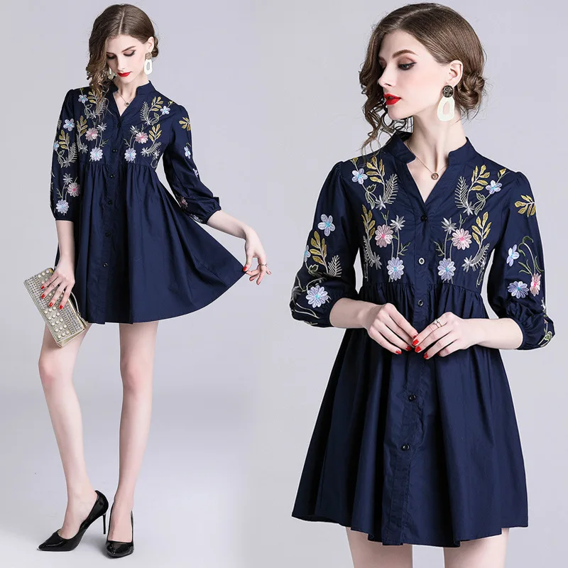 S XL женское платье с цветочным узором и вышивкой на груди темно синее v образным