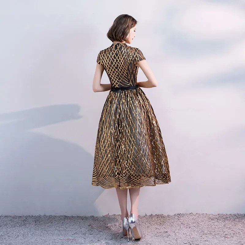 FADISTEE Новое поступление вечернее платье для выпускного вечера Vestido de Festa вечернее платье с высоким воротом с золотым узором Кепка с блестками Короткие стильные