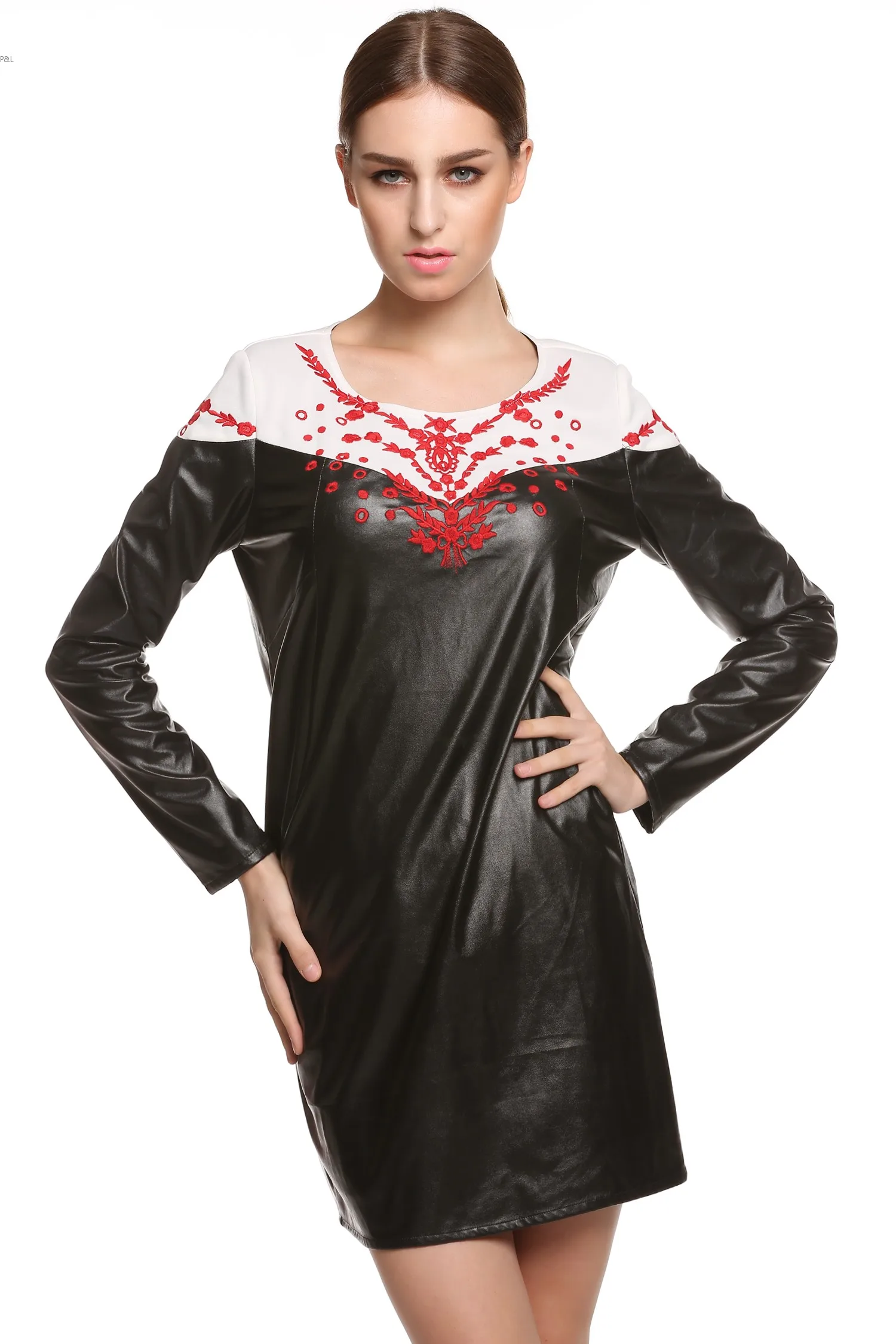 Женская мода Весна Лето Платье С Длинным Рукавом PU Кожаные Платья O Шеи Прямо Мини