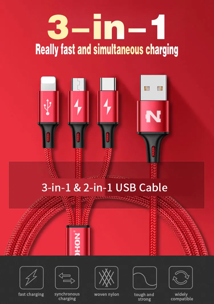 NOHON 3 в 1 USB кабель 2 в 1 Тип C 8Pin Кабель зарядного устройства микро-usb для iPhone 8 7 6 6S Plus iOS 10 9 8 USB-C кабели для телефонов Android
